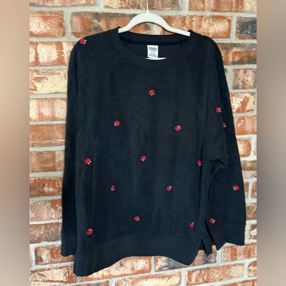Victoria Secret pink embroidered red roses black fleece sweatshirt - Picture 2 of 8